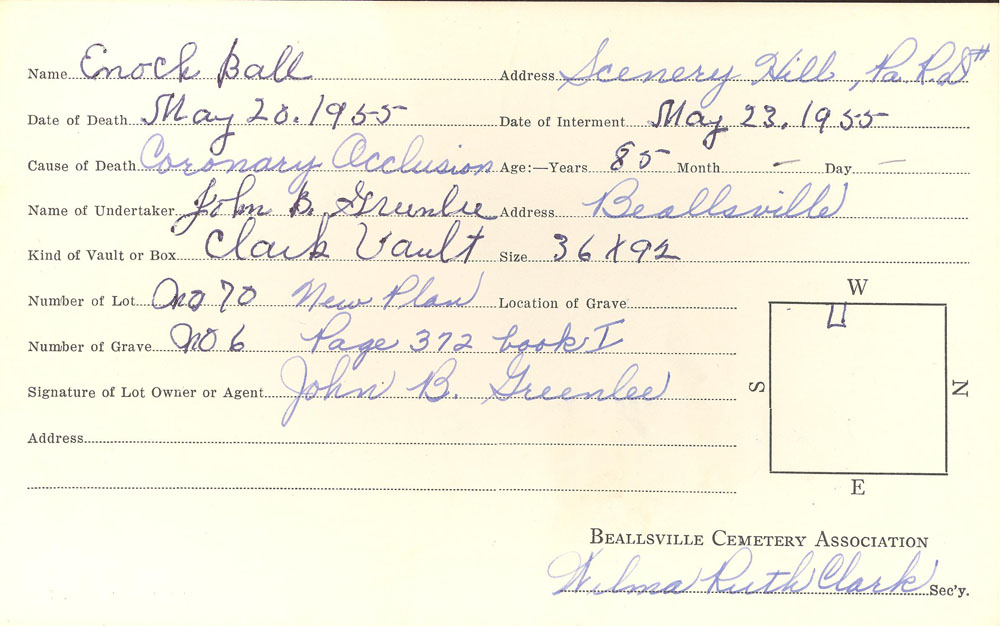 Enoch Ball burial card